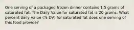 One serving of a packaged frozen dinner contains 1.5 grams of saturated fat. The Daily Value for saturated fat is 20 grams. What percent daily value (% DV) for saturated fat does one serving of this food provide?