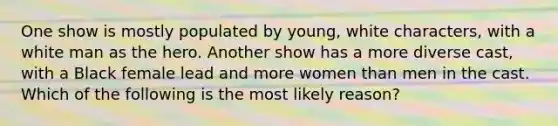 One show is mostly populated by young, white characters, with a white man as the hero. Another show has a more diverse cast, with a Black female lead and more women than men in the cast. Which of the following is the most likely reason?