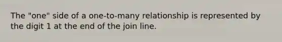 The "one" side of a one-to-many relationship is represented by the digit 1 at the end of the join line.