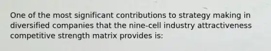 One of the most significant contributions to strategy making in diversified companies that the nine-cell industry attractiveness competitive strength matrix provides is: