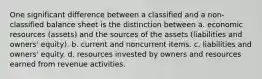 One significant difference between a classified and a non-classified balance sheet is the distinction between a. economic resources (assets) and the sources of the assets (liabilities and owners' equity). b. current and noncurrent items. c. liabilities and owners' equity. d. resources invested by owners and resources earned from revenue activities.