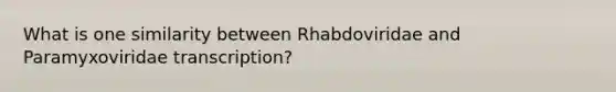 What is one similarity between Rhabdoviridae and Paramyxoviridae transcription?