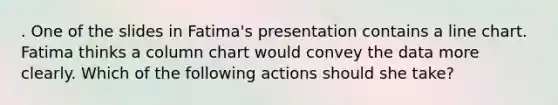 . One of the slides in Fatima's presentation contains a line chart. Fatima thinks a column chart would convey the data more clearly. Which of the following actions should she take?