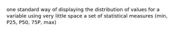 one standard way of displaying the distribution of values for a variable using very little space a set of statistical measures (min, P25, P50, 75P, max)