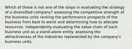 Which of these is not one of the steps in evaluating the strategy of a diversified company? assessing the competitive strength of the business units ranking the performance prospects of the business from best to worst and determining how to allocate resources. independently evaluating the value chain of each business unit as a stand-alone entity. assessing the attractiveness of the industries represented by the company's business units.