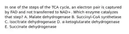 In one of the steps of the TCA cycle, an electron pair is captured by FAD and not transferred to NAD+. Which enzyme catalyzes that step? A. Malate dehydrogenase B. Succinyl-CoA synthetase C. Isocitrate dehydrogenase D. α-ketoglutarate dehydrogenase E. Succinate dehydrogenase