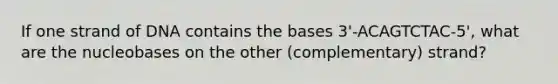 If one strand of DNA contains the bases 3'-ACAGTCTAC-5', what are the nucleobases on the other (complementary) strand?