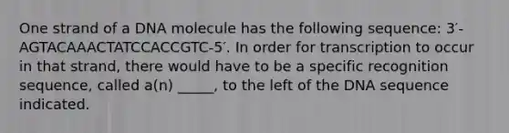 One strand of a DNA molecule has the following sequence: 3′-AGTACAAACTATCCACCGTC-5′. In order for transcription to occur in that strand, there would have to be a specific recognition sequence, called a(n) _____, to the left of the DNA sequence indicated.