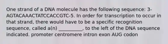 One strand of a DNA molecule has the following sequence: 3-AGTACAAACTATCCACCGTC-5. In order for transcription to occur in that strand, there would have to be a specific recognition sequence, called a(n) __________, to the left of the DNA sequence indicated. promoter centromere intron exon AUG codon