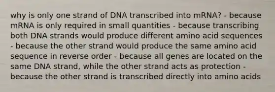 why is only one strand of DNA transcribed into mRNA? - because mRNA is only required in small quantities - because transcribing both DNA strands would produce different amino acid sequences - because the other strand would produce the same amino acid sequence in reverse order - because all genes are located on the same DNA strand, while the other strand acts as protection - because the other strand is transcribed directly into amino acids