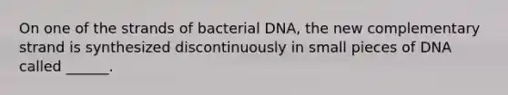 On one of the strands of bacterial DNA, the new complementary strand is synthesized discontinuously in small pieces of DNA called ______.