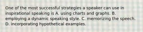 One of the most successful strategies a speaker can use in inspirational speaking is A. using charts and graphs. B. employing a dynamic speaking style. C. memorizing the speech. D. incorporating hypothetical examples.