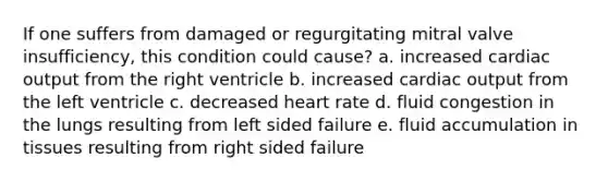 If one suffers from damaged or regurgitating mitral valve insufficiency, this condition could cause? a. increased cardiac output from the right ventricle b. increased cardiac output from the left ventricle c. decreased heart rate d. fluid congestion in the lungs resulting from left sided failure e. fluid accumulation in tissues resulting from right sided failure