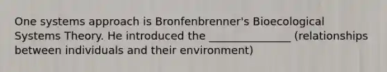 One systems approach is Bronfenbrenner's Bioecological Systems Theory. He introduced the _______________ (relationships between individuals and their environment)