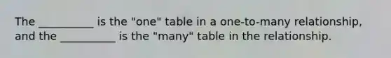 The __________ is the "one" table in a one-to-many relationship, and the __________ is the "many" table in the relationship.