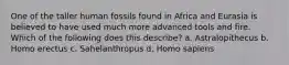 One of the taller human fossils found in Africa and Eurasia is believed to have used much more advanced tools and fire. Which of the following does this describe? a. Astralopithecus b. Homo erectus c. Sahelanthropus d. Homo sapiens