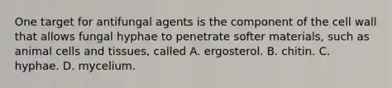 One target for antifungal agents is the component of the cell wall that allows fungal hyphae to penetrate softer materials, such as animal cells and tissues, called A. ergosterol. B. chitin. C. hyphae. D. mycelium.