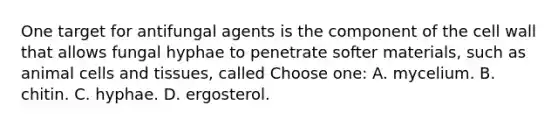 One target for antifungal agents is the component of the cell wall that allows fungal hyphae to penetrate softer materials, such as animal cells and tissues, called Choose one: A. mycelium. B. chitin. C. hyphae. D. ergosterol.