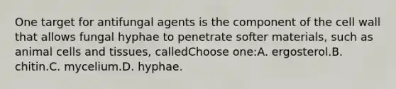 One target for antifungal agents is the component of the <a href='https://www.questionai.com/knowledge/koIRusoDXG-cell-wall' class='anchor-knowledge'>cell wall</a> that allows fungal hyphae to penetrate softer materials, such as animal cells and tissues, calledChoose one:A. ergosterol.B. chitin.C. mycelium.D. hyphae.