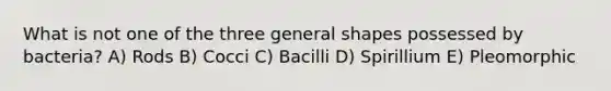 What is not one of the three general shapes possessed by bacteria? A) Rods B) Cocci C) Bacilli D) Spirillium E) Pleomorphic