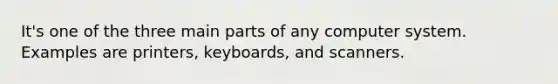 It's one of the three main parts of any computer system. Examples are printers, keyboards, and scanners.