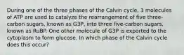 During one of the three phases of the Calvin cycle, 3 molecules of ATP are used to catalyze the rearrangement of five three-carbon sugars, known as G3P, into three five-carbon sugars, known as RuBP. One other molecule of G3P is exported to the cytoplasm to form glucose. In which phase of the Calvin cycle does this occur?