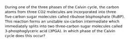 During one of the three phases of the Calvin cycle, the carbon atoms from three CO2 molecules are incorporated into three five-carbon sugar molecules called ribulose bisphosphate (RuBP). This reaction forms an unstable six-carbon intermediate which immediately splits into two three-carbon sugar molecules called 3-phosphoglyceric acid (3PGA). In which phase of the Calvin cycle does this occur?