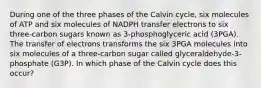 During one of the three phases of the Calvin cycle, six molecules of ATP and six molecules of NADPH transfer electrons to six three-carbon sugars known as 3-phosphoglyceric acid (3PGA). The transfer of electrons transforms the six 3PGA molecules into six molecules of a three-carbon sugar called glyceraldehyde-3-phosphate (G3P). In which phase of the Calvin cycle does this occur?