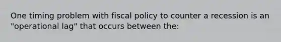 One timing problem with fiscal policy to counter a recession is an "operational lag" that occurs between the: