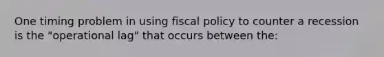 One timing problem in using <a href='https://www.questionai.com/knowledge/kPTgdbKdvz-fiscal-policy' class='anchor-knowledge'>fiscal policy</a> to counter a recession is the "operational lag" that occurs between the: