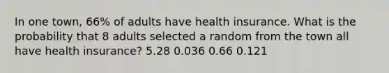 In one town, 66% of adults have health insurance. What is the probability that 8 adults selected a random from the town all have health insurance? 5.28 0.036 0.66 0.121