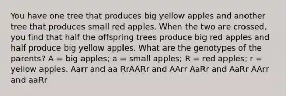 You have one tree that produces big yellow apples and another tree that produces small red apples. When the two are crossed, you find that half the offspring trees produce big red apples and half produce big yellow apples. What are the genotypes of the parents? A = big apples; a = small apples; R = red apples; r = yellow apples. Aarr and aa RrAARr and AArr AaRr and AaRr AArr and aaRr