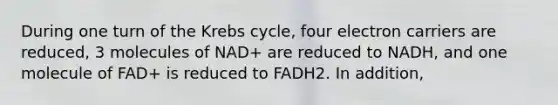 During one turn of the Krebs cycle, four electron carriers are reduced, 3 molecules of NAD+ are reduced to NADH, and one molecule of FAD+ is reduced to FADH2. In addition,