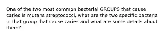 One of the two most common bacterial GROUPS that cause caries is mutans streptococci, what are the two specific bacteria in that group that cause caries and what are some details about them?