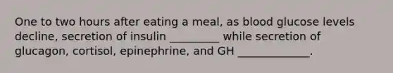 One to two hours after eating a meal, as blood glucose levels decline, secretion of insulin _________ while secretion of glucagon, cortisol, epinephrine, and GH _____________.