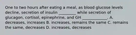 One to two hours after eating a meal, as blood glucose levels decline, secretion of insulin _________ while secretion of glucagon, cortisol, epinephrine, and GH _____________. A. decreases, increases B. increases, remains the same C. remains the same, decreases D. increases, decreases