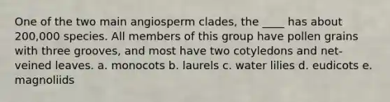 One of the two main angiosperm clades, the ____ has about 200,000 species. All members of this group have pollen grains with three grooves, and most have two cotyledons and net-veined leaves. a. monocots b. laurels c. water lilies d. eudicots e. magnoliids