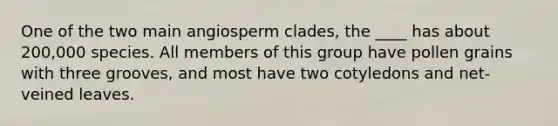 One of the two main angiosperm clades, the ____ has about 200,000 species. All members of this group have pollen grains with three grooves, and most have two cotyledons and net-veined leaves.​