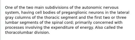 One of the two main subdivisions of the autonomic nervous system, having cell bodies of preganglionic neurons in the lateral gray columns of the thoracic segment and the first two or three lumbar segments of the spinal cord; primarily concerned with processes involving the expenditure of energy. Also called the thoracolumbar division.