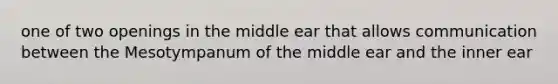 one of two openings in the middle ear that allows communication between the Mesotympanum of the middle ear and the inner ear