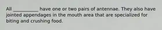 All ___________ have one or two pairs of antennae. They also have jointed appendages in <a href='https://www.questionai.com/knowledge/krBoWYDU6j-the-mouth' class='anchor-knowledge'>the mouth</a> area that are specialized for biting and crushing food.