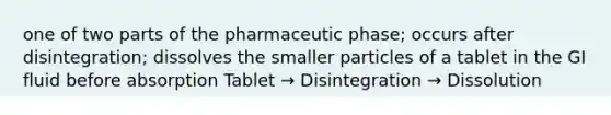 one of two parts of the pharmaceutic phase; occurs after disintegration; dissolves the smaller particles of a tablet in the GI fluid before absorption Tablet → Disintegration → Dissolution