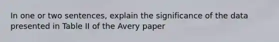 In one or two sentences, explain the significance of the data presented in Table II of the Avery paper