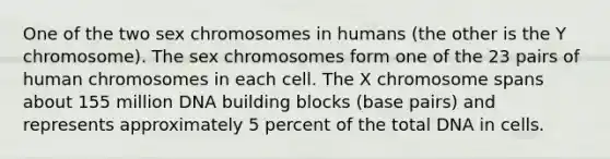 One of the two sex chromosomes in humans (the other is the Y chromosome). The sex chromosomes form one of the 23 pairs of human chromosomes in each cell. The X chromosome spans about 155 million DNA building blocks (base pairs) and represents approximately 5 percent of the total DNA in cells.