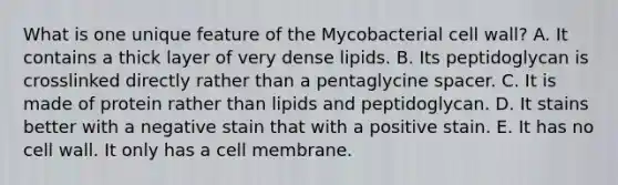 What is one unique feature of the Mycobacterial cell wall? A. It contains a thick layer of very dense lipids. B. Its peptidoglycan is crosslinked directly rather than a pentaglycine spacer. C. It is made of protein rather than lipids and peptidoglycan. D. It stains better with a negative stain that with a positive stain. E. It has no cell wall. It only has a cell membrane.