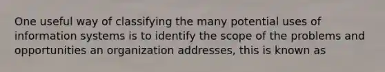 One useful way of classifying the many potential uses of information systems is to identify the scope of the problems and opportunities an organization addresses, this is known as