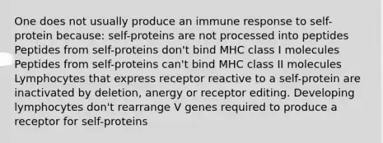 One does not usually produce an immune response to self-protein because: self-proteins are not processed into peptides Peptides from self-proteins don't bind MHC class I molecules Peptides from self-proteins can't bind MHC class II molecules Lymphocytes that express receptor reactive to a self-protein are inactivated by deletion, anergy or receptor editing. Developing lymphocytes don't rearrange V genes required to produce a receptor for self-proteins