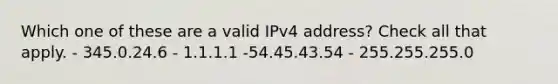 Which one of these are a valid IPv4 address? Check all that apply. - 345.0.24.6 - 1.1.1.1 -54.45.43.54 - 255.255.255.0