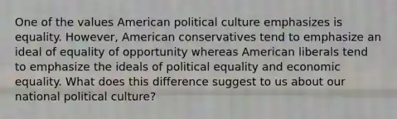 One of the values American political culture emphasizes is equality. However, American conservatives tend to emphasize an ideal of equality of opportunity whereas American liberals tend to emphasize the ideals of political equality and economic equality. What does this difference suggest to us about our national political culture?