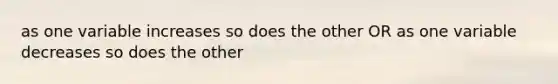 as one variable increases so does the other OR as one variable decreases so does the other